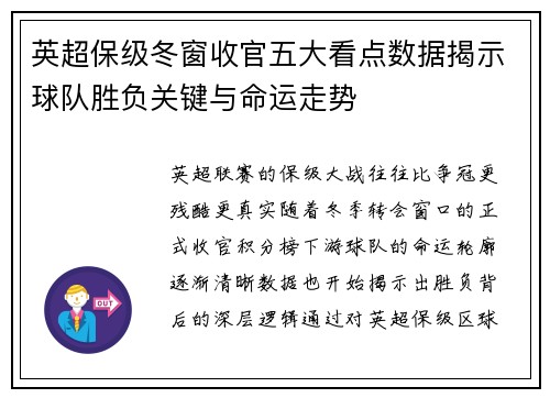 英超保级冬窗收官五大看点数据揭示球队胜负关键与命运走势
